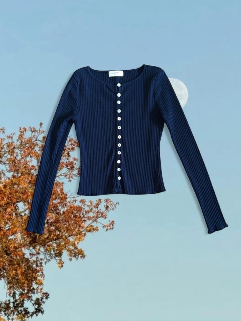 Carly Jean Los Angeles Navy Ribbed Button-Front Long Sleeve Sweater Top